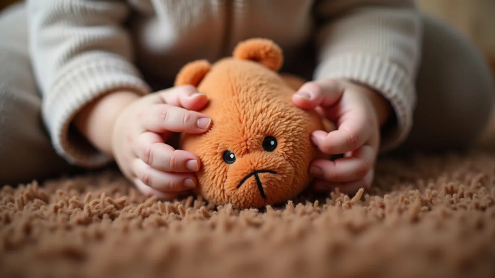 Small child's hands holding a soft teddy bear
