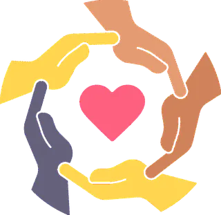 Diverse hands forming a circle around a heart, symbolizing community